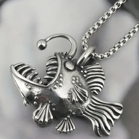 New! MEN'S Angler Fish Stainless Steel Pendant Necklace. - Picture 3 of 6